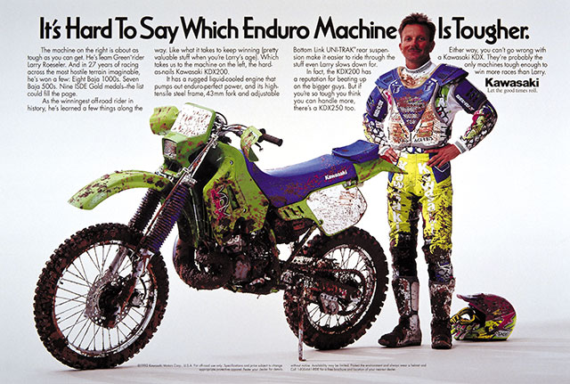 KDX250 Kawasaki motorcyle print ad with Larry Rosseler